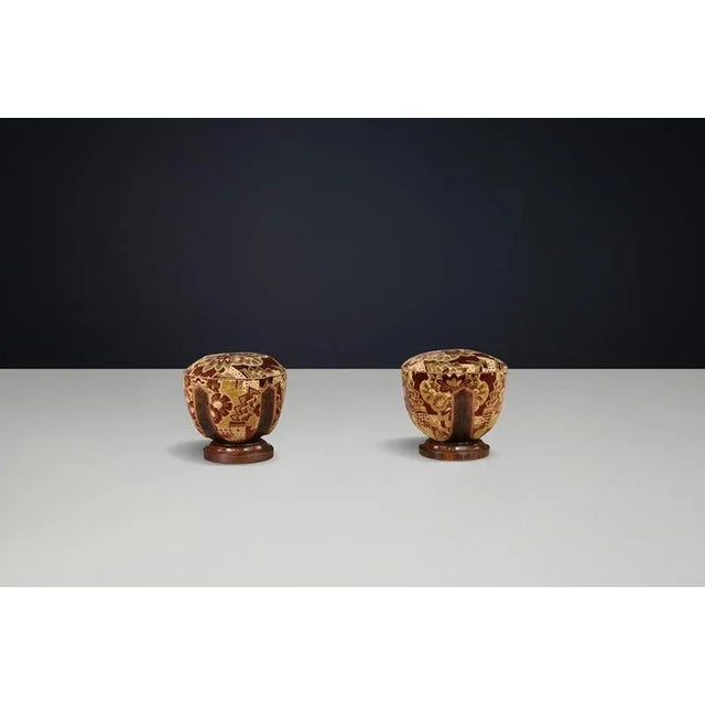 Vintage Italian Art Deco Walnut and Velvet Poufs, 1930s, Set of 4 For Sale - Image 16 of 18