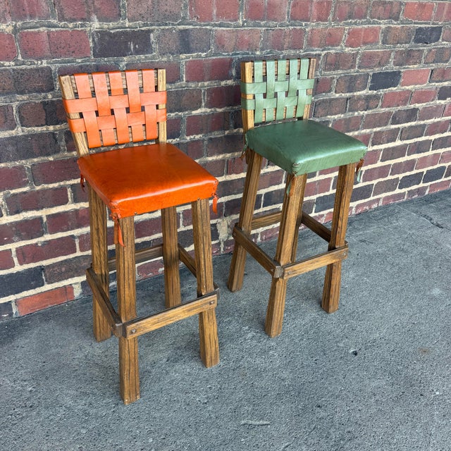 Orange Pair of Ranch Oak Rustic Leather and Wood Bar Stools For Sale - Image 8 of 12