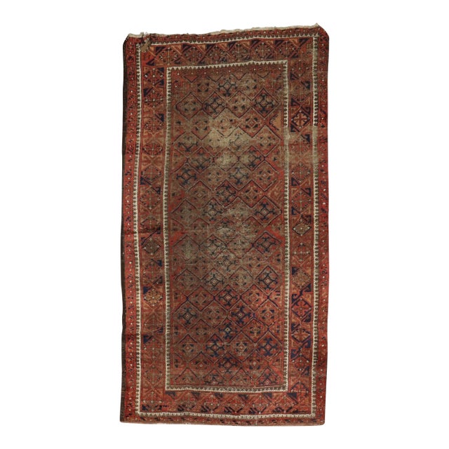 Zabihi Collection Tribal Brown Orange Distressed Persian Balouch Rug For Sale