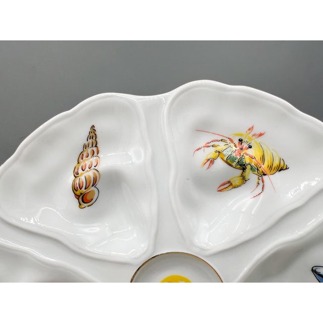 French Vintage Limoges Jammet-Seignolles Oyster Plate With Seafood Motifs — French Coastal / Nautical / Traditional For Sale - Image 3 of 9