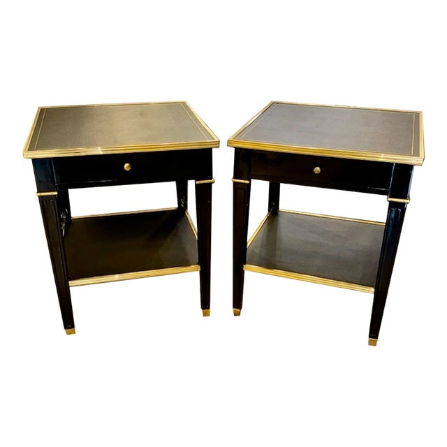 Pair of Vintage Black Lacquered and Brass Side Tables After Maison Jansen For Sale