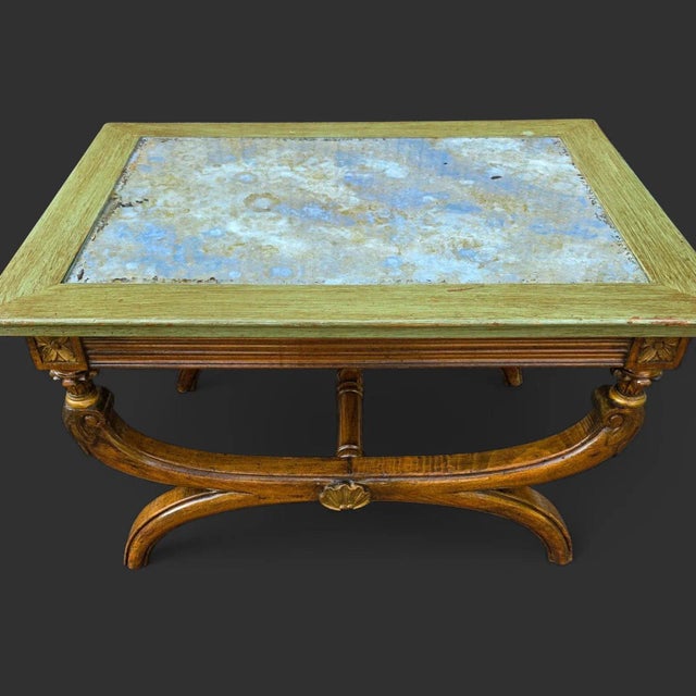 Wood Pair of Antique 19th Century Neoclassical Style Reverse Painted Glass Top Curule Base Cocktail/Side Tables For Sale - Image 7 of 13
