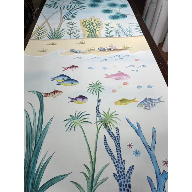 Hand-Painted Chinoiserie Landscape Wallpaper on Gradient Xuan Paper – Coastal Botanical & Tropical Garden, Set of 3 For Sale - Image 4 of 4