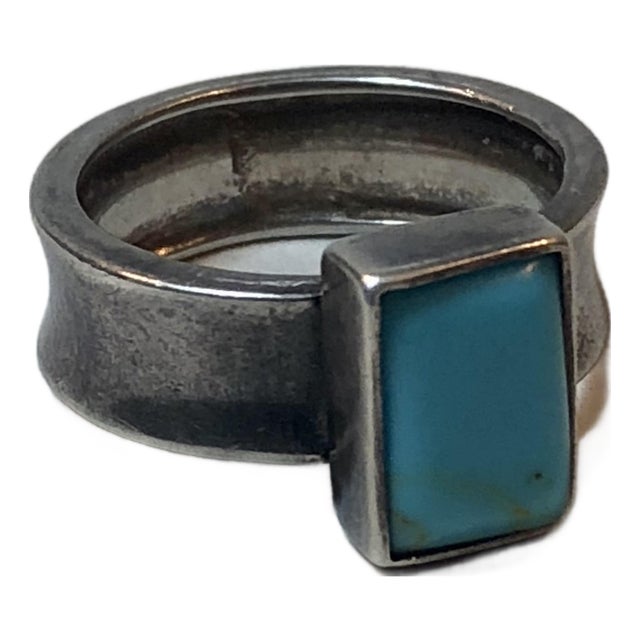 Vintage Emerald Cut Turquoise Sterling Ring (Sz 8.75) For Sale