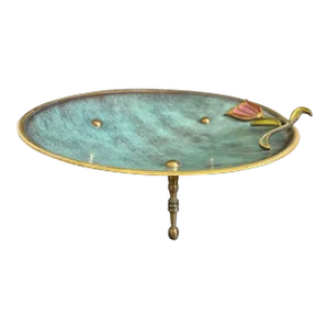 Art Deco Israeli Verdigris Enameled Brass Footed Tulip Tray