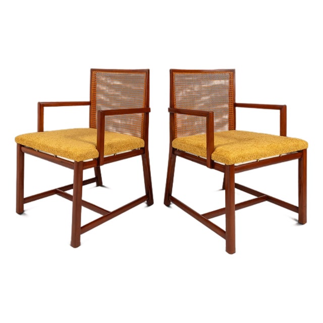 Rare Pair of Mid-Century Modern Cane-Backed Armchairs in Walnut & Bouclé Attributed to Michael Taylor for Baker (New World Collection), Usa, C. 1960s For Sale