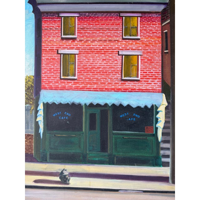 Green 1980’s j.d. Fotopoulos “West End Cafe” Urban Streetscape Oil on Canvas – Unframed For Sale - Image 8 of 12