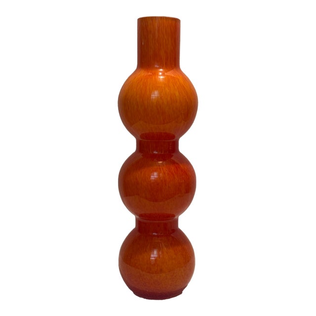 Late 20th Century Modern Global Views Tangerine “ Macchia” Mottled Art Glass Triple Gourd Totem Vase by Turtle and Crane - Palm Beach Regency Style For Sale