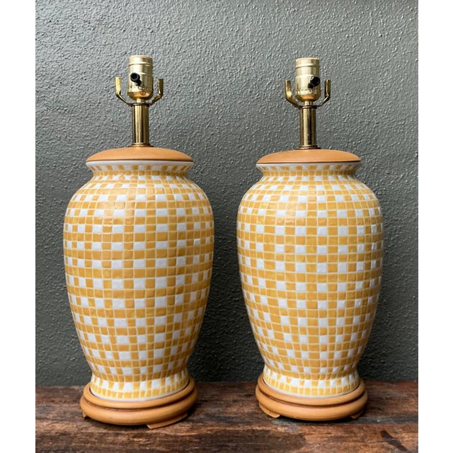 Late 20th Century Vintage Glazed Ceramic Grid Lamps - A Pair For Sale - Image 5 of 12