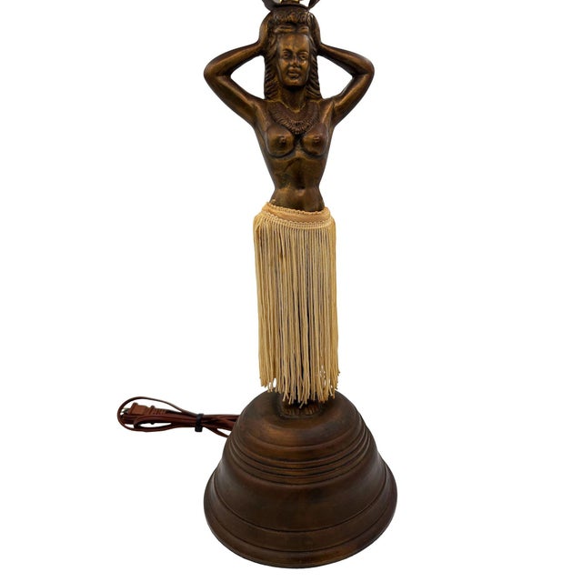 Mid-Century Hawaiian Hula Girl Copper Table Lamp W/ Wicker Shade For Sale - Image 4 of 11