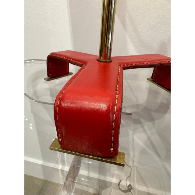 Vintage Jacques Adnet Style Red Stitched Leather Table Lamps, 1950's France - a Pair For Sale - Image 12 of 12