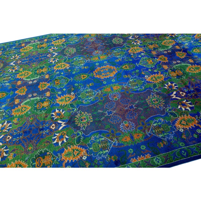 2010s Contemporary Transitional Handmade Wool Rug With Blue and Green Floral Pattern For Sale In New York - Image 6 of 7