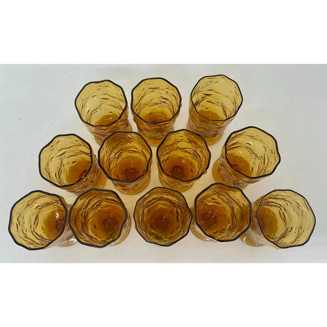 Set of 12 Vintage Mid Century Morgantown Amber Crinkled Glasses For Sale In Providence - Image 6 of 9