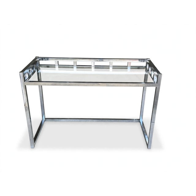 Late 20th Century 1970s Willy Rizzo–Style Chrome & Glass Writing Desk | Geometric Hollywood Regency Console Table For Sale - Image 5 of 13
