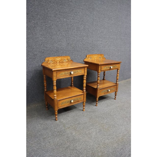 Hitchcock Pair of Hitchcock Maple Two-Drawer Side Tables With Stenciled Decoration For Sale - Image 4 of 12