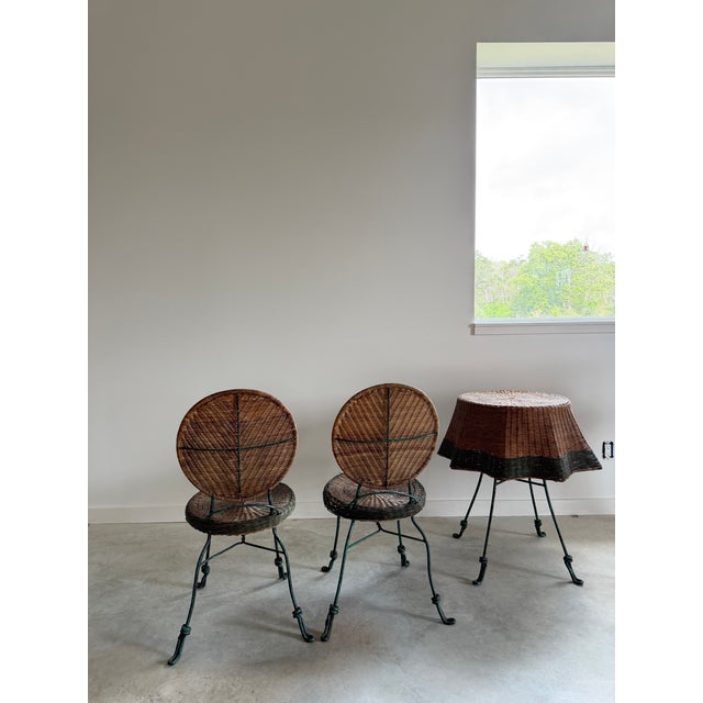 1980s Ghost Draped Wicker Tromp l'Oeil Table + 2 Bistro Chairs, Bohemian Hand Woven For Sale - Image 5 of 12