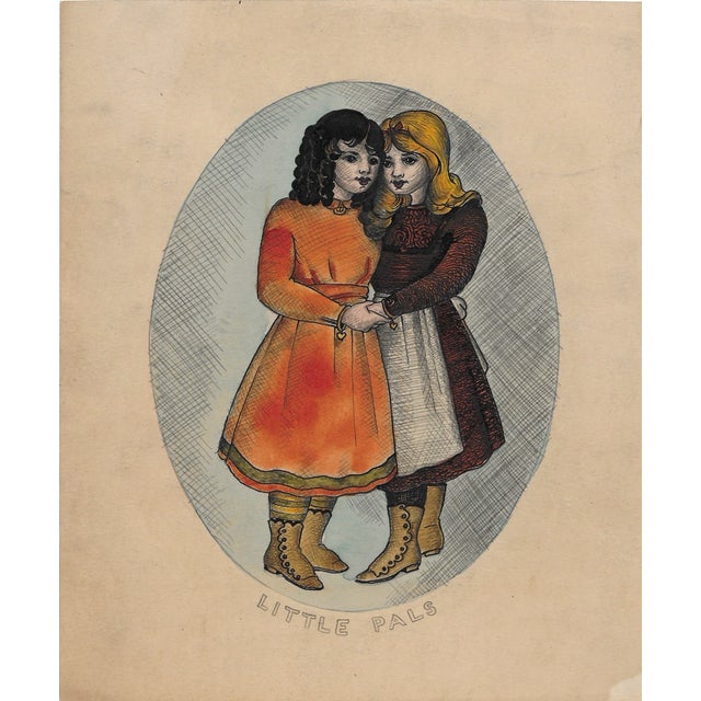 "Little Pals" watercolor and ink on card of two little girls. Unsigned. Combined shipping available, please inquire.