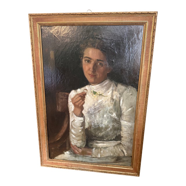 Antique Portrait of a Young Lady Who Got Engaged, Oil, 1901 For Sale