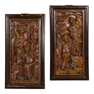 Hand-Carved Antique Wall Panels with Puppet Design - A Pair For Sale