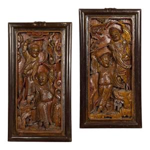 Hand-Carved Antique Wall Panels with Puppet Design - A Pair