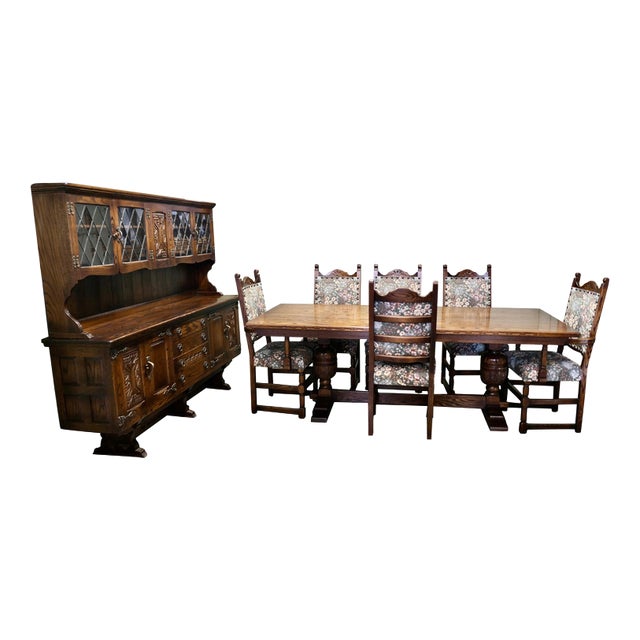 Arts and Crafts Oak Dining Room Suite with Table, Chairs and Dresser from Webber, 1960, Set of 8 For Sale