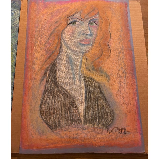 Drawing/Sketching Materials Pair of 1990 M. Bierman Pastel Portraits on Paper | Signed Female Studies, Mid-Century Modern Style For Sale - Image 7 of 10