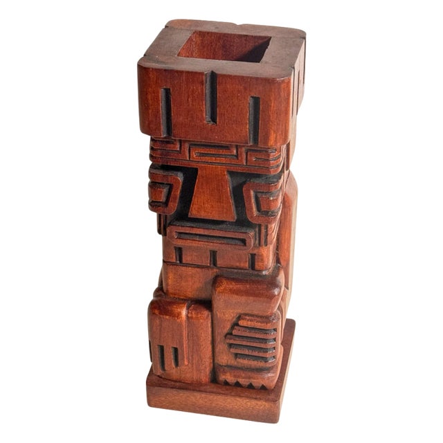 Wooden Tiki Totem Sculpture Pen Holder, 1960 For Sale
