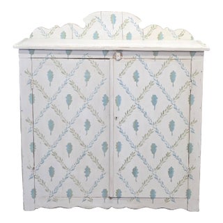 Antique Rustic Pine Two Door Cabinet With Distress Painted and Stenciled Surface For Sale