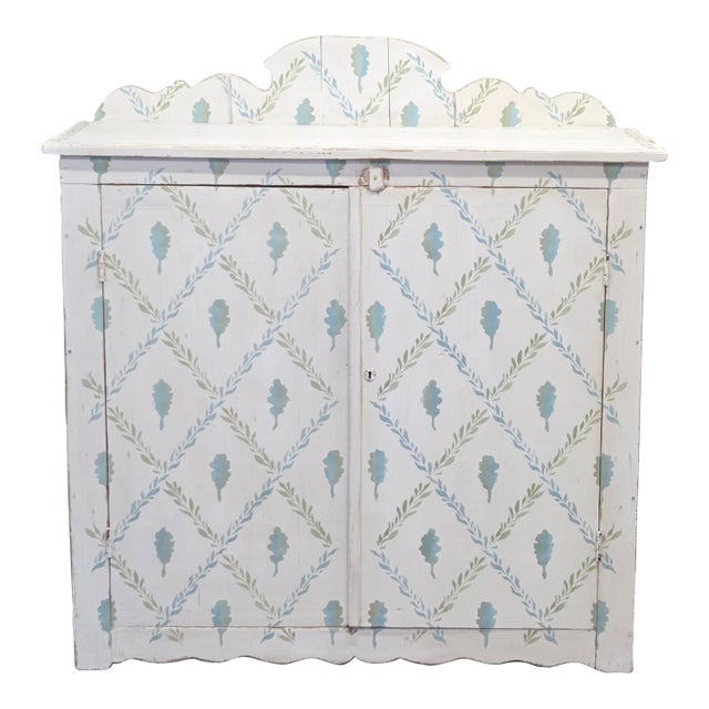 A gorgeous circa 1900 or earlier rustic pine two-door cabinet cupboard that has been recently distress hand painted in an...