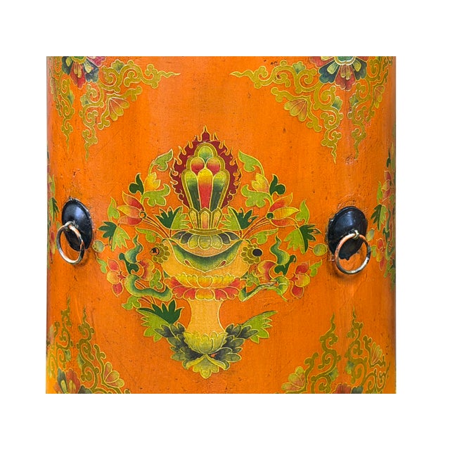 Distressed Light Orange Tibetan Style Jewel Symbol Round Drum Table For Sale - Image 9 of 10