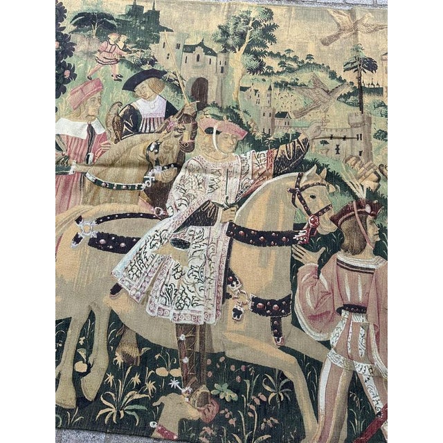 Vintage French Screenprinted Tapestry with Departure to Hunt Motif, 1970s For Sale - Image 3 of 18