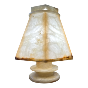 1970s Sculptural Alabaster Table Lamp With Hexagonal Shade – 14” H