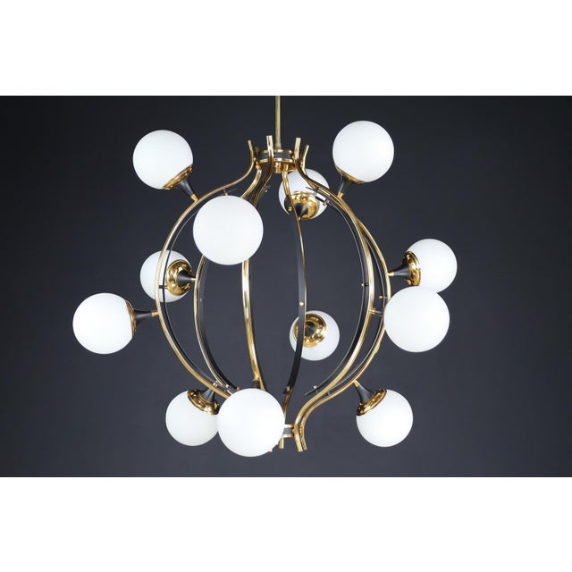 Mid-Century Chandelier in Brass and 12 Opaline Globes from Stilnovo, Italy 1950s For Sale - Image 10 of 17