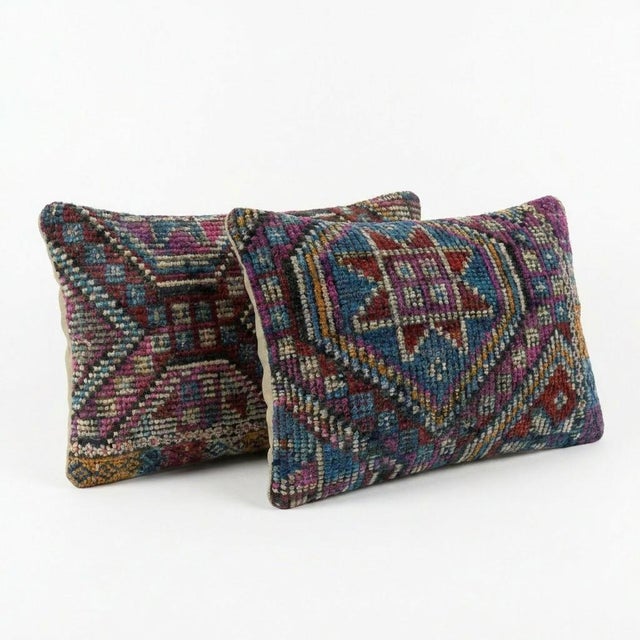 Mid-Century Modern Turkish Kilim Lumbar Pillow Cover 14'' X 20'' & 12'' X 24'' - Set of Two For Sale - Image 3 of 4