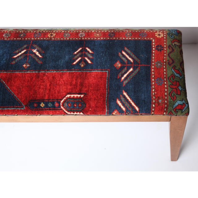 Art Deco Antique Kazak Wool Rug Upholstered Bench, Rustic Tribal Accent Bench With Wooden Legs For Sale - Image 3 of 11