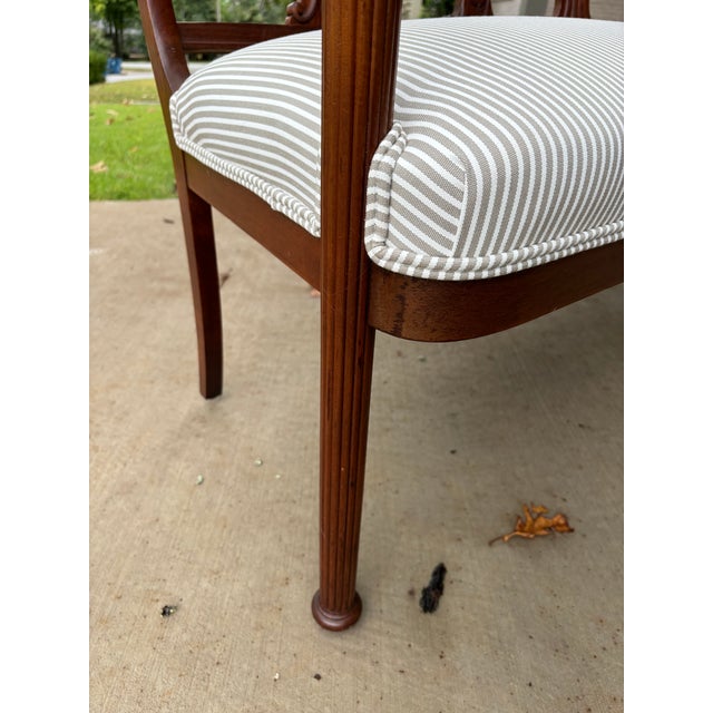 Antique Hand-Carved Mahogany Chair-Backed Settee in Jake Stripe by Perennials in Linen Colorway For Sale - Image 9 of 12