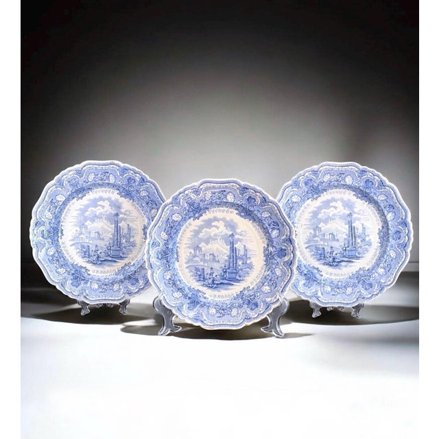 Blue Acropolis Transferware Plates, Set of 3, England, 9.4in, Set of 3 For Sale - Image 12 of 12