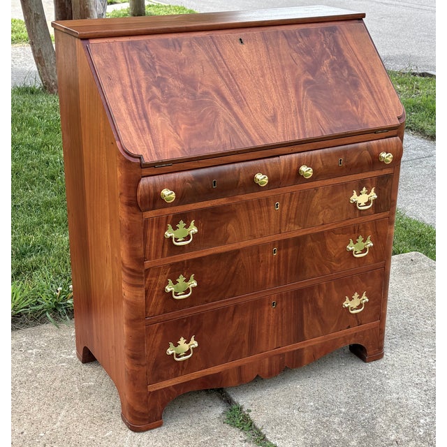 Victorian Antique Chippendale Flame Walnut Slant Front Secretary Desk For Sale - Image 3 of 17