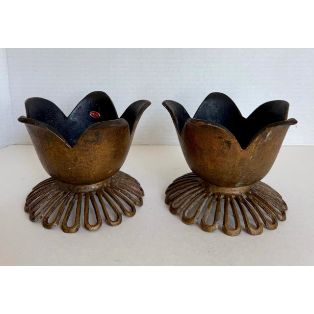 Vintage Lotus Blossom Cast Iron Candle Holders Made in Japan For Sale - Image 4 of 9