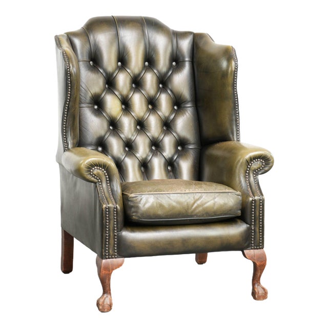 Vintage Chesterfield Cowhide Wing Armchair in Green For Sale