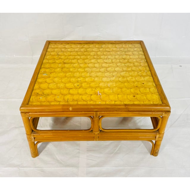Mid-Century Modern Vintage Bamboo Coffee Table With Capiz Shell Inlaid Top, 1970s For Sale - Image 3 of 18