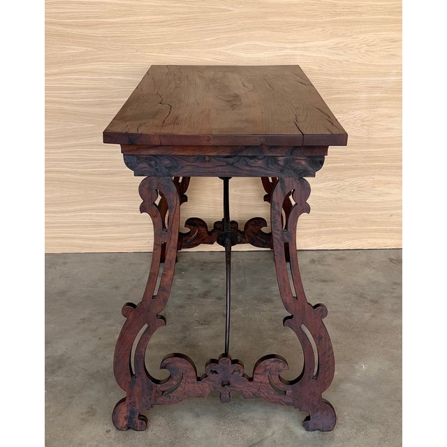 19th Spanish Side Table With Carved Turned Legs and Iron Stretcher For Sale - Image 6 of 10