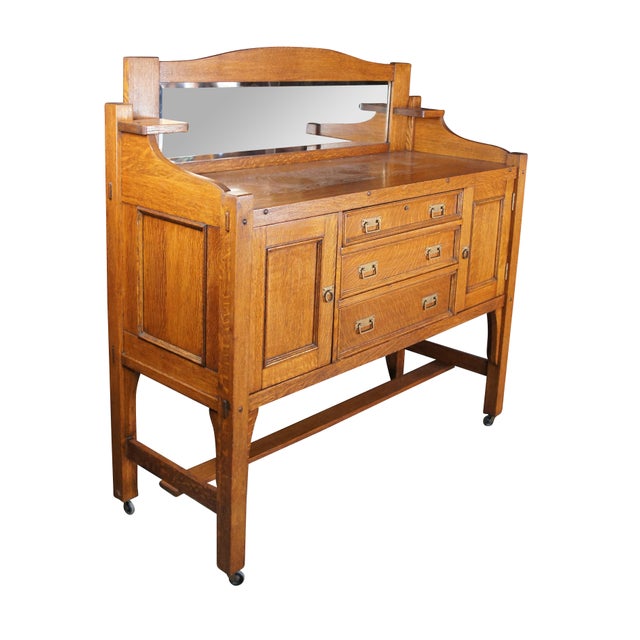 Mission Antique Come-Packt Quartersawn Oak Mission Buffet Sideboard Server W Mirror For Sale - Image 3 of 13