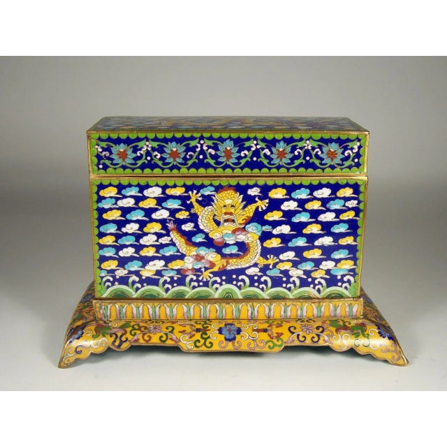 Large Antique Chinese Cloisonne Lidded Box With Dragons on Stand For Sale - Image 4 of 11