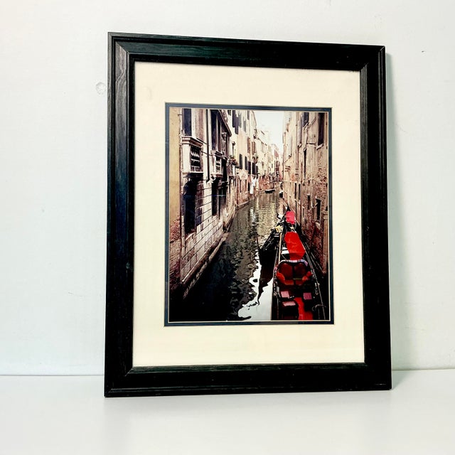 Red 1980s Vintage Italian Boho Chic Cityscape Canal With Red Gondola at Dock Framed Photography For Sale - Image 8 of 18