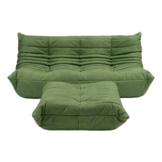 Ligne Roset Togo Medium Sofa & Ottoman in Mojito Green Leather For Sale
