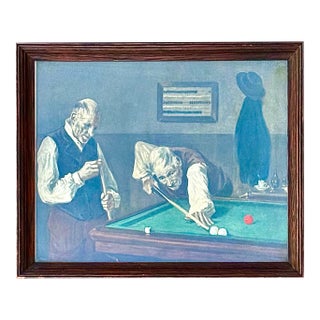 Antique Art Nouveau M. Duspar Billiards Photogravure Print Original Tiger Oak Snooker Frame For Sale