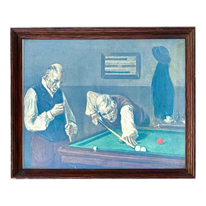 Antique Art Nouveau M. Duspar Billiards Photogravure Print Original Tiger Oak Snooker Frame