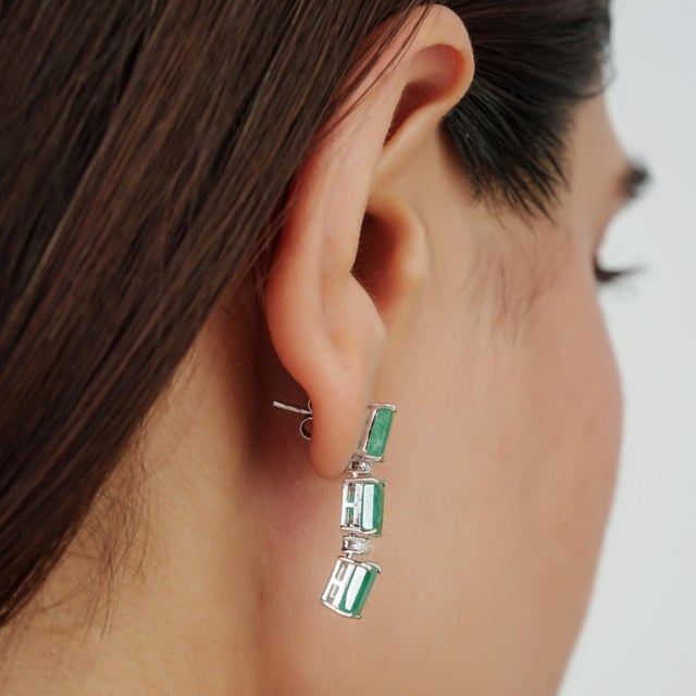 Art Deco Natural 6.32 Ct Octagon Emerald & Diamond Three Stone Dangle Earrings - 2 Pieces For Sale - Image 9 of 11