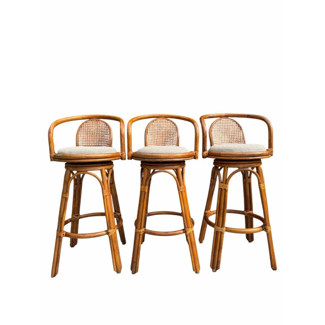 Contemporary Vintage Organic Modern Swivel Rattan Cane Bar Stools, Set of 3 For Sale - Image 3 of 12